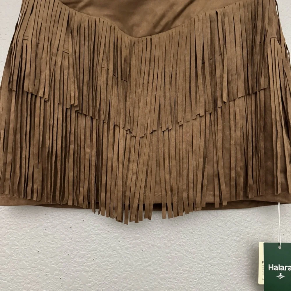 Halara Crossover High Waisted 2-in-1 Fringe Hem Bodycon Mini Skirt Faux Suede L - Picture 4 of 8